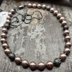 White House Black Market WHBM Gray Glass Faux Pearl and Black Beaded Necklace